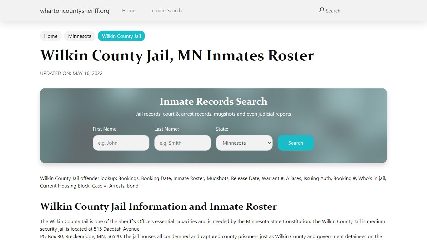 Wilkin County Jail, MN Jail Roster, Name Search - Wharton County Sheriff