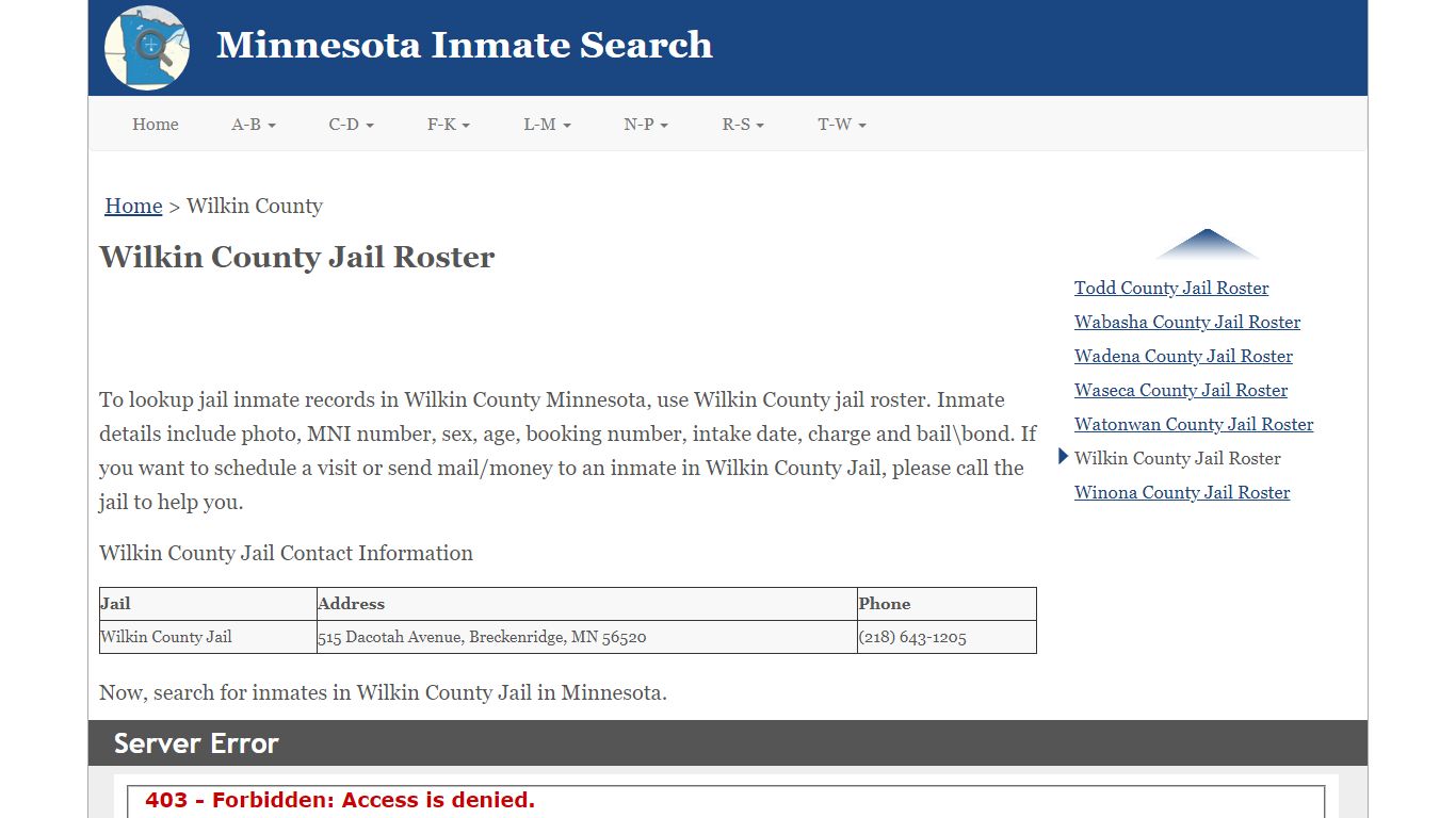 Wilkin County Jail Roster - Minnesota Inmate Search